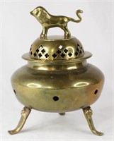 Lion Accented Brass Incense Pot