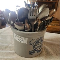 Crock w/ Stainless Steel Flatware  - some Marked