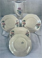 Vtg.Yellowstone Dessert Plates,Tranferware Vase 6”
