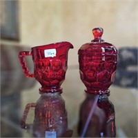 Ruby Red Viking Glass Georgian Cream & Sugar Set