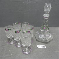 Painted Glass Cups & Decanter Set