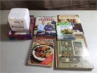 Cookbooks, cards, styrofoam container