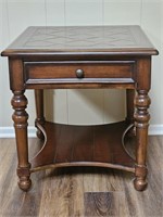 Wooden Side Table w/ Geometric Marquetry Top, 2/2