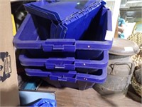 3 BLUE DRY STORAGE TOTES W/ FOLDING LIDS