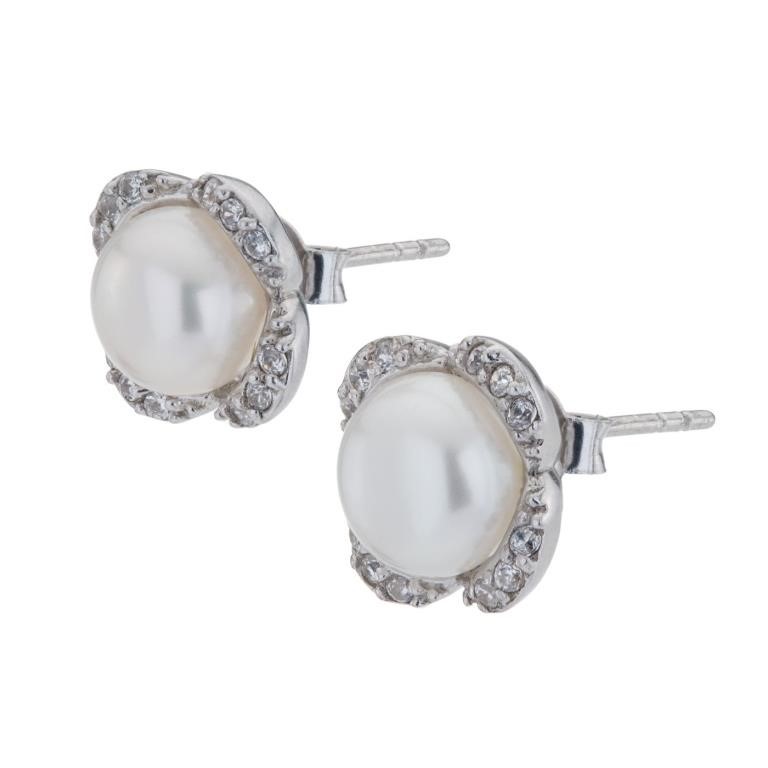 Sterling Silver Pearls Scalloped Stud Earrings