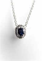 14K White Gold Sapphire, Diamond Pendant, Chain