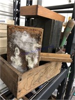WOOD BOXES, WOOL CARDS, GARDEN HAND TOOL