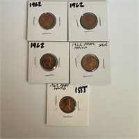 LOT OF 5 PROOF 1962 MEMORIAL CENTS RAINBOW NOTE