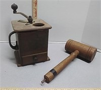 Antique coffee Grinder & wood Mallet