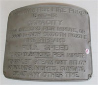 Metal curved Underwrighter firepump plaque.