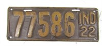 1922 Indiana License Plate