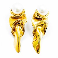 Modern 18k Gold & Pearl Statement Earrings