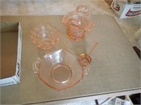 Pink Depression: 2-Handled Bowl, Laddle, 2-Handled