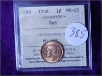 Canada Small Cent 1938 ICCS MS65 Blazing Red