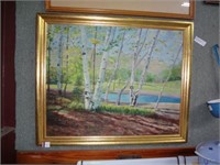 Framed Oil On Board Of Birch Trees & Pond