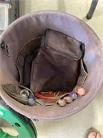 Bucket with tool bags and tools, steel fish tape