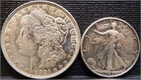 1921 Morgan & 1945-S Walking Silver Half Dollars