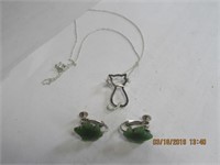 925  Cat Pendant & Necklace & Jade Leaf