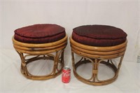 Pair of Boho Bamboo Ottomans w/ Cushions