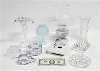 10pc GLASSWARE LOT, FAIRY LAMP, FLOWER FROG + MORE