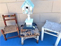 WICKER STOOLS & CHILDS RED CHAIR BIRD HOUSE