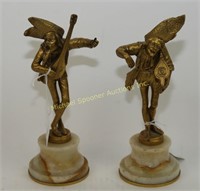 TWO GILT MUSICIANS RAISED ON MARBLE & BRASS BASES