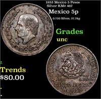 1953 Mexico 5 Pesos Silver KM# 467 Grades Brillian