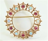 9K Gold Pin w/Pink Sapphires & Opals
