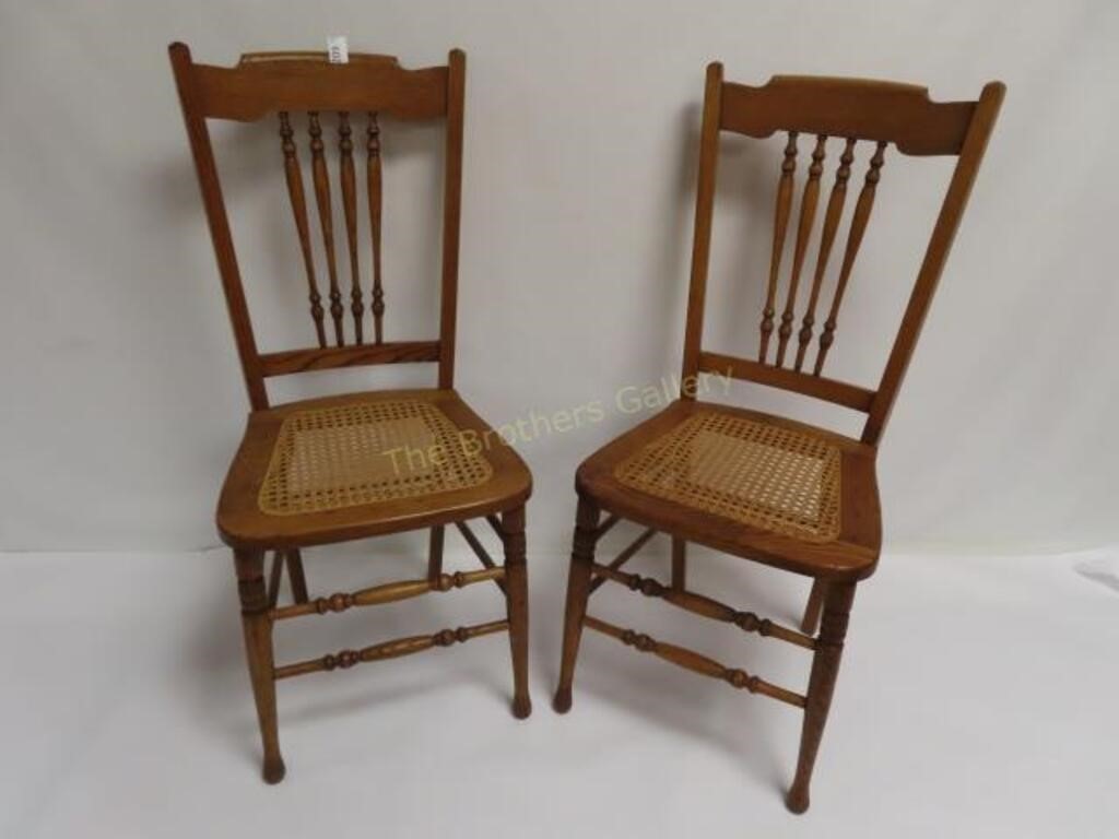 Pr of Cane Bottom Oak Spindle Back Chairs