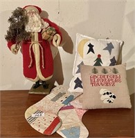 Santa, 2 patchwork stockings, 2 pillows