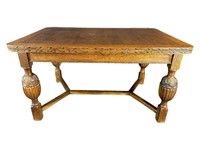 HEAVY CARVED OAK DRAW LEAF TABLE