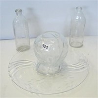 Cornflower Plate,Vase,2 Old Glass baby Bottles