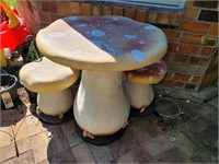 Plastic mushroom table and two mushroom stools