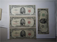 1950-B $5 Bill, (3) 1963 $5 Bills Red Seal