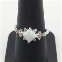 Sterling Silver Opal Ring W Clear Stones