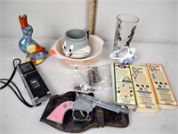 Cap gun, holster, lusteware Japan duck vase, Bugs