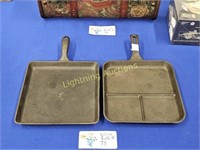 TWO VINTAGE CAST IRON SQUARE SKILLETS