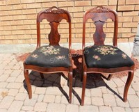 Pair Victorian Carved & Needlepoint Side Chairs