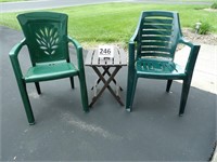 2 Green Plastic Chairs & Folding Side Table