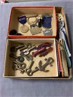 MISC BOX--RIBBON PINS, BADGES, PADLOCK KEYS,