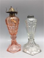 Early pink glass and clear glass oil lamps