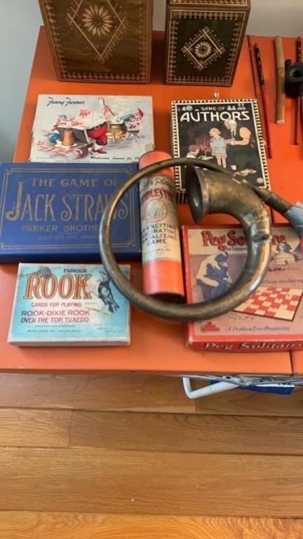 5 Antique card games and a brass horn, games
