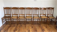 Antique set 7 pressed back oak chairs,6 cane seat