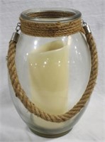 Glass lantern w/ rope, 13" tall