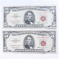 (2) Red Seal $5 Silver Certificates