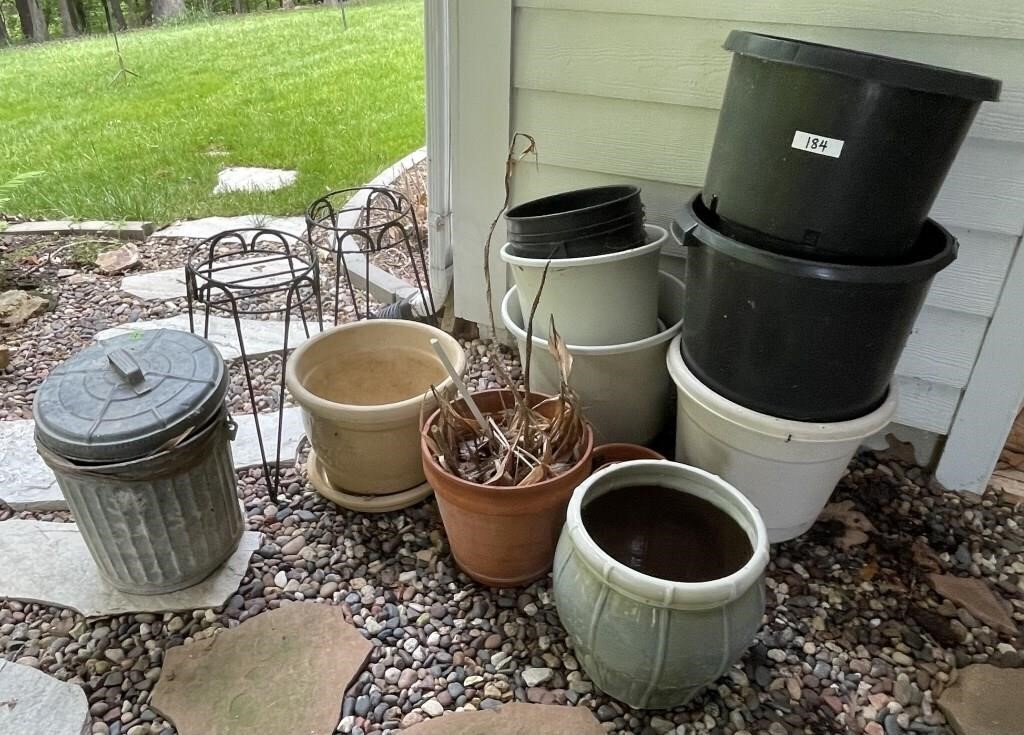 Plant stands, planter pots, small trash can,