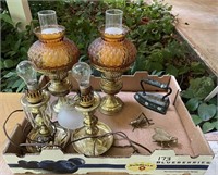 2 candle lamps, 2 brass lamps, brass insects,