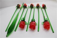 (8)  Hand Blown Long Stem Art Glass Roses & Leaf