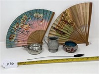 2 Oriental Fans, Hat Pin, Etc.