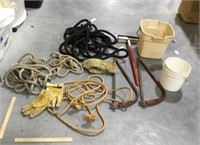 Lot w/ ropes, gloves,saws, squeegee, buckets